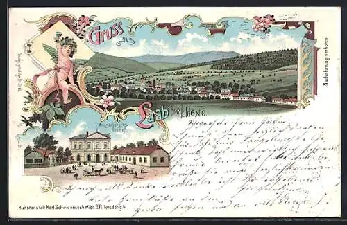 Lithographie Laab am Walde, Ortsansicht, Weissenberger's Gasthaus