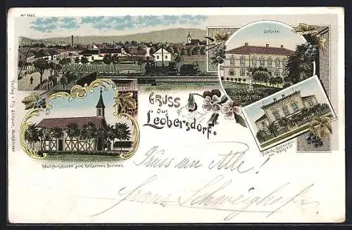 Lithographie Leobersdorf, Fabriks-Restaurant von Ganz & Co., Wallfahrtskirche zum heilsamen Brunnen, Schule