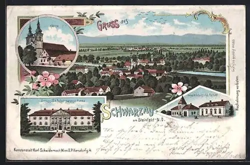 Lithographie Schwarzau am Steinfeld, Gemeindehaus u. k. k. Postamt, Schloss Sr. K. Hoheit Herzog v. Parma, Kirche