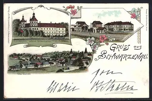 Lithographie Schwarzenau /Waldviertel, Bahnhof, Schloss, Panorama