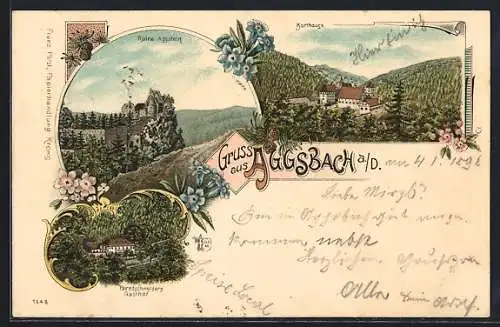 Lithographie Aggsbach, Paredschneiders Gasthof, Ruine Aggstein, Karthause