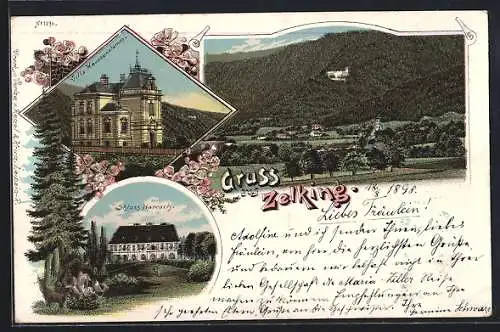 Lithographie Zelking, Villa Heussenstamm, Schloss Harrach, Ortsansicht