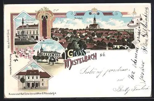 Lithographie Mistelbach /N.-Oe., Warenhaus Löffler, Dreifaltigkeitssäule und Rathaus