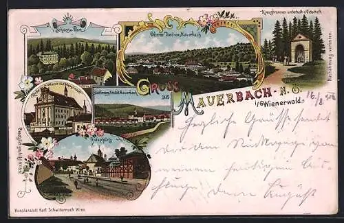 Lithographie Mauerbach i. Wienerwald, Schloss und Park, Hauptplatz, Kreuzbrunnen