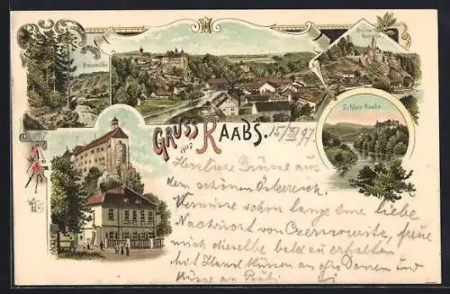 Lithographie Raabs, Hotel Eder, Ruine Kolmitz, Schloss Raabs, Reismühle