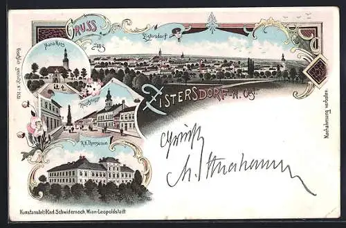 Lithographie Zistersdorf /N. Ö., Maria Moos, Hauptstrasse, K. k. Theresianum, Ortsansicht