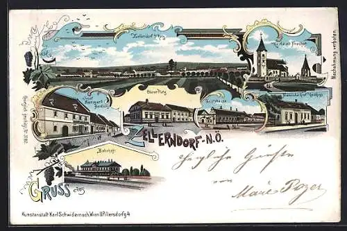 Lithographie Zellerndorf, Franziska Grafs Gasthaus, J. Neumayers Handlung, Bahnhof