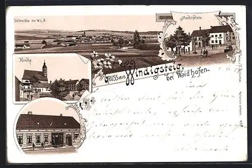 Lithographie Windigsteig bei Waidhofen, Kirche, Marktplatz, Gesamtansicht