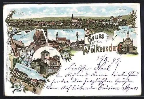 Lithographie Wolkersdorf /N.-Oe., Am Schloss, Volksschule, Maria Lourd`s Kapelle