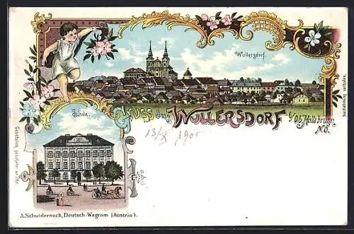 Lithographie Wullersdorf b. Ob. Hollabrunn, Schule und Gesamtansicht