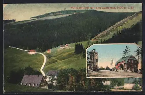 AK Wildenthal, Gesamtansicht mit Auersberg, Gasthaus und Aussichtsturm