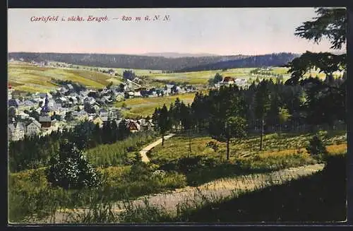 AK Carlsfeld i. sächs. Erzgeb., Gesamtansicht von einem Berg aus