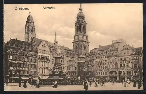 AK Dresden, Altmarkt mit Siegesdenkmal und Kreuzkirche