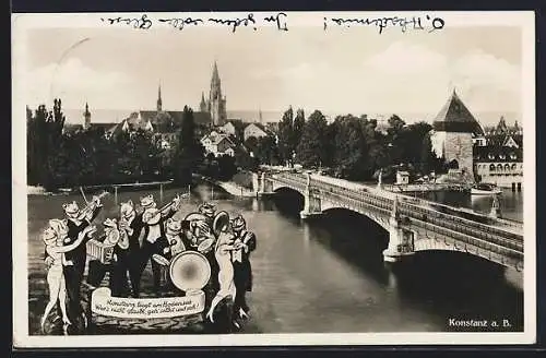 AK Konstanz a. B., Frösche musizieren mit Blick zur Brücke in die Stadt