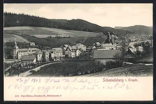 AK Schmiedeberg i. Erzgeb., Ortsansicht aus der Vogelschau