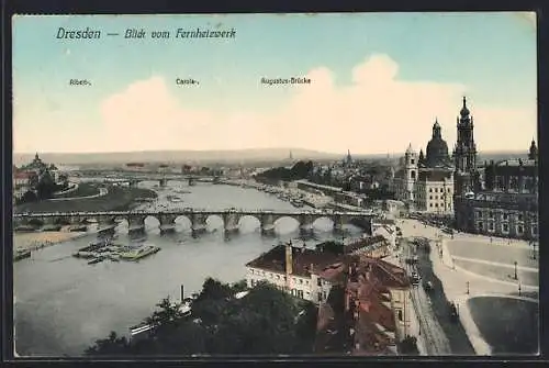 AK Dresden, Blick vom Fernheizwerk zur Albert-. Carola- und Augustbrücke