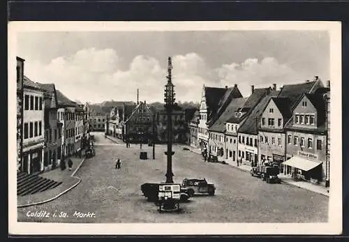 AK Colditz in Sa., Markt mit Geschäften