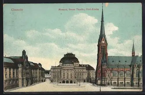 AK Chemnitz, Museum, Neues Theater und Petri-Kirche