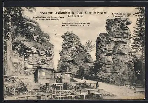 AK Ehrenfriedersdorf, Greifenstein-Aussichtsfelsen mit Treppenaufgang, Gemsenfelsen, Kreuzfelsen