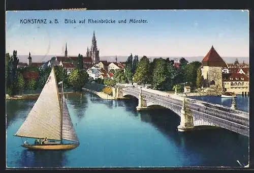 AK Konstanz a.. B., Blick auf Rheinbrücke und Münster