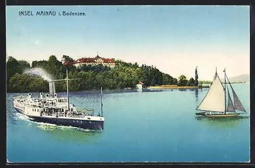 AK Insel Mainau i. Bodensee, Dampfer und Segelschiff auf dem See