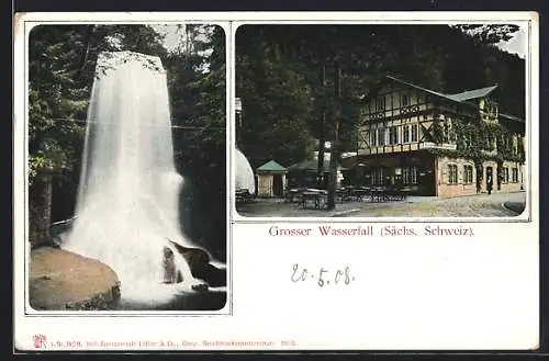 AK Bad Schandau / Sächs. Schweiz, Lichtenhainer Wasserfall mit Gaststätte