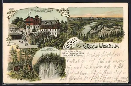 Lithographie Bad Schandau, Hotel auf dem Grossen Winterberg, Kipphorn und Panorama-Ausblick