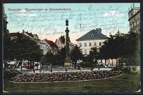 AK Chemnitz, Theaterplatz m. Siegesdenkmal, Strassenbahn