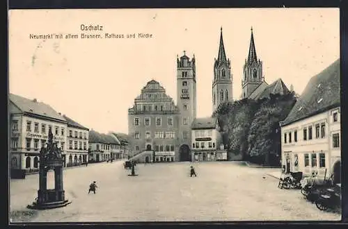 AK Oschatz, Neumarkt mit altem Brunnen, Rathaus und Kirche