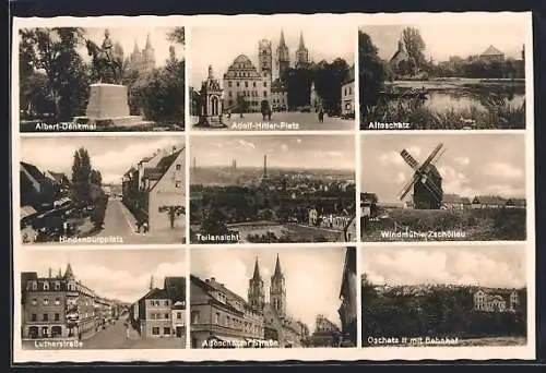 AK Oschatz, Albert-Denkmal, Windmühle Zschöllau, Bahnhof