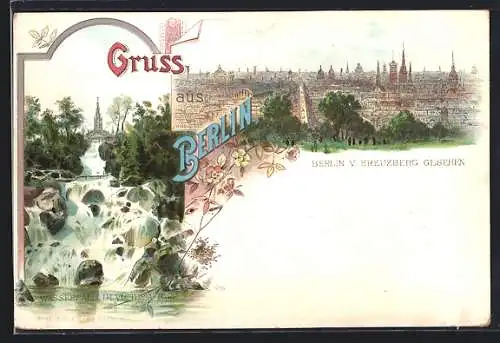 Lithographie Berlin-Kreuzberg, Berlin von Kreuzberg aus, Wasserfall im Victoria-Park