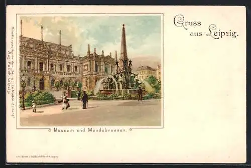 Passepartout-AK Leipzig, Partie am Museum mit Mendebrunnen