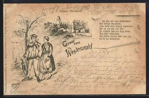 Künstler-AK Montabaur im Westerwald, Schloss mit Spruch und Paar in Tracht