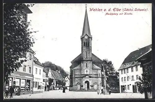 AK Wehlen a. d. Elbe, Marktplatz mit Kirche