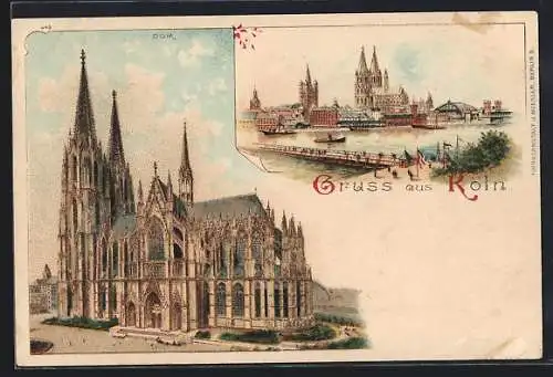 Lithographie Köln, Der Kölner Dom, Stadtansicht von Deutz aus