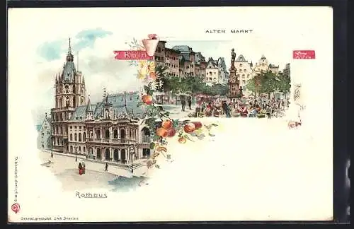 Lithographie Köln, Alter Markt mit Rathaus
