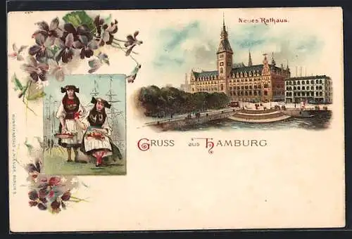 Lithographie Hamburg, Blick auf das Neue Rathaus, Damen in Hamburger Tracht am Hafen