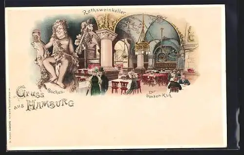 Lithographie Hamburg-Uhlenhorst, Gasthaus zur bunten Kuh, Ratsweinkeller, Beleuchtung