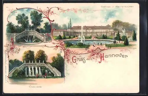 Lithographie Hannover-Herrenhausen, Schloss mit Springbrunnen-Teich, Grotte, Cascade, um 1900