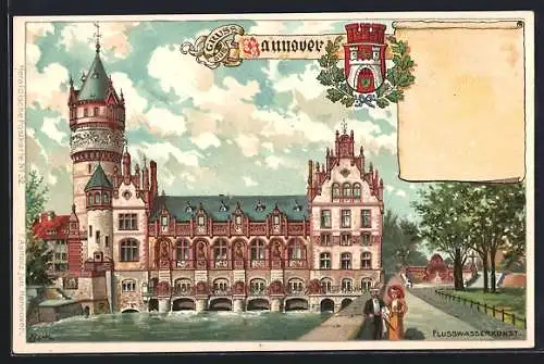 Lithographie Hannover, Flusswasserkunst mit flanierendem Paar, Wappen