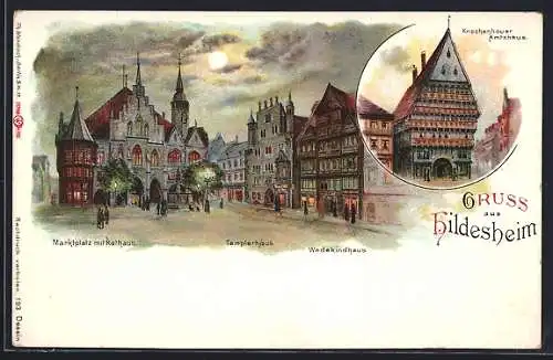 Lithographie Hildesheim, Marktplatz mit Rathaus, Templerhaus und Wedekindhaus im Mondenschein