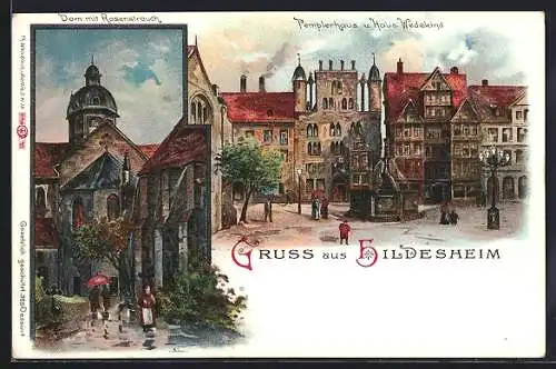 Lithographie Hildesheim, Dom mit Rosenstrauch, Pemplerhaus und Haus Wedekind um 1900