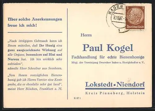 AK Hamburg-Niendorf, Geschäftskarte Paul Kogel-Fachhandlung für echte Bienenhonige