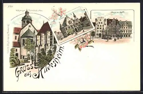 Lithographie Hildesheim, 1000jähriger Rosenstock am Dom, Rathaus, Häuser am Markt