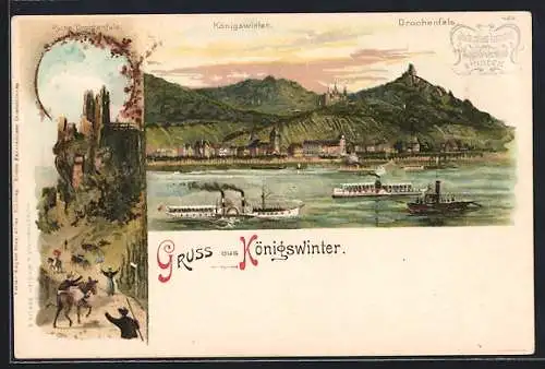Lithographie Königswinter, Ortsansicht mit Drachenfels, Dampfer auf dem Rhein
