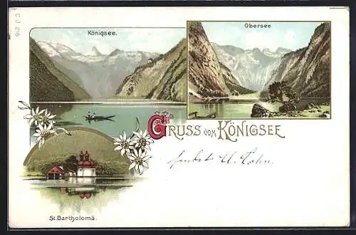 Lithographie St. Bartholomä, Königsee und Obersee