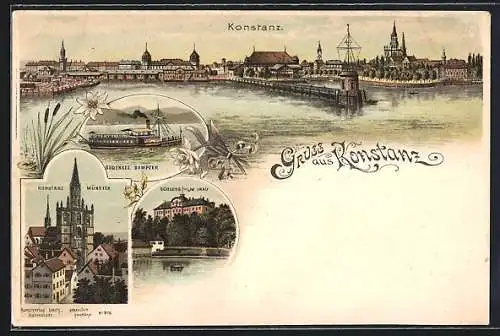 Lithographie Konstanz, Münster, Bodensee Dampfer, Schloss Mainau