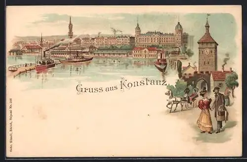 Lithographie Konstanz, Ortsansicht über das Wasser