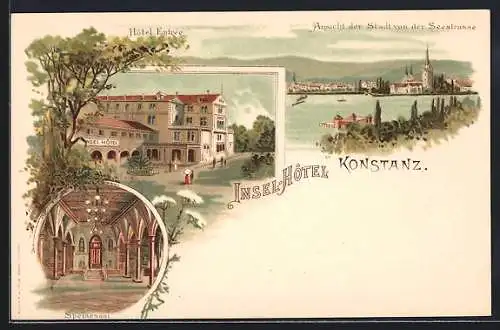 Lithographie Konstanz, Hôtel Entrée, Inneres Speisesaal, Teilansicht von der Seestrasse