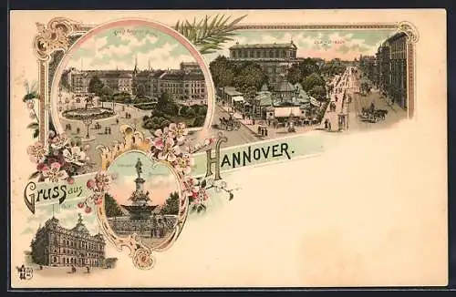 Lithographie Hannover, Post, Ernst-August-Platz und Georgstr.